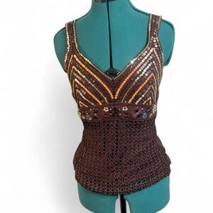 Boston Proper Brown and Gold Sequin and beaded Tank Top